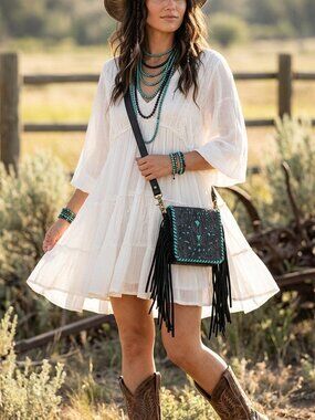 Turquoise at Midnight Boho Fringe Floral Crossbody